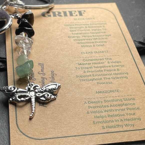 Grief Dragonfly Charm Keychain Black Onyx, Clear Quartz, Amazonite, Arti… - Picture 10 of 11